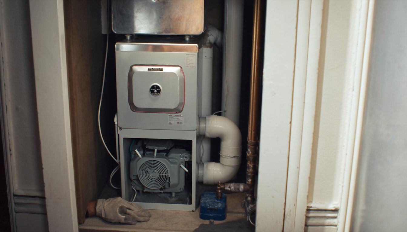 Newly installed 95 percent AFUE high-efficiency gas furnace inside a Redlands, California historic home utility closet with white PVC venting and gloved technician hand at the service valve