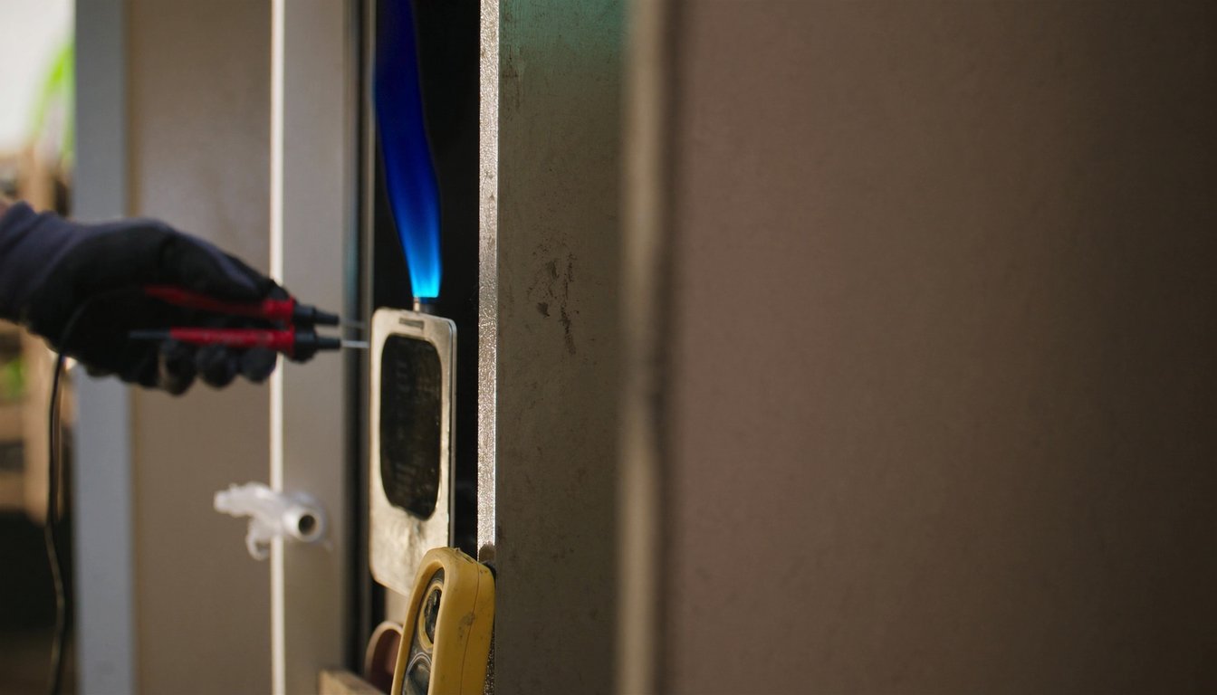 Open gas furnace cabinet showing blue burner flame in a Redlands, California home utility closet with a gloved technician hand holding multimeter probes