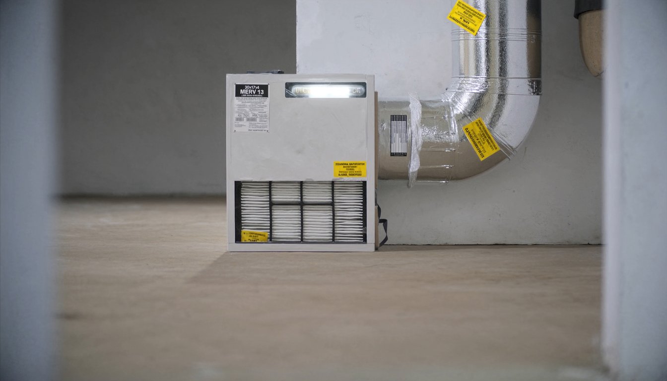 4-inch MERV 13 media filter cabinet attached to HVAC return ductwork with UV-C lamp in a modern Redlands, California utility room