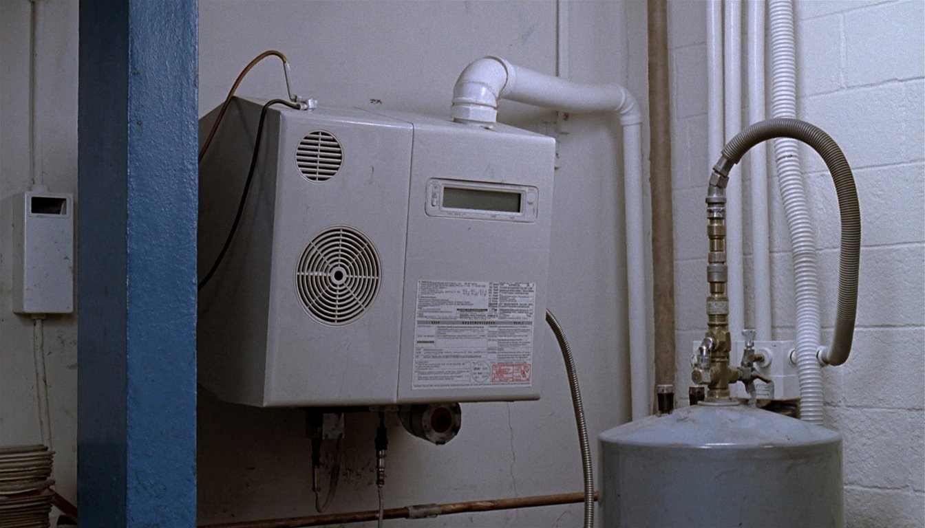Wall-mounted gas tankless water heater next to a traditional tank water heater in a Redlands, California residential garage with copper gas line and PVC venting visible