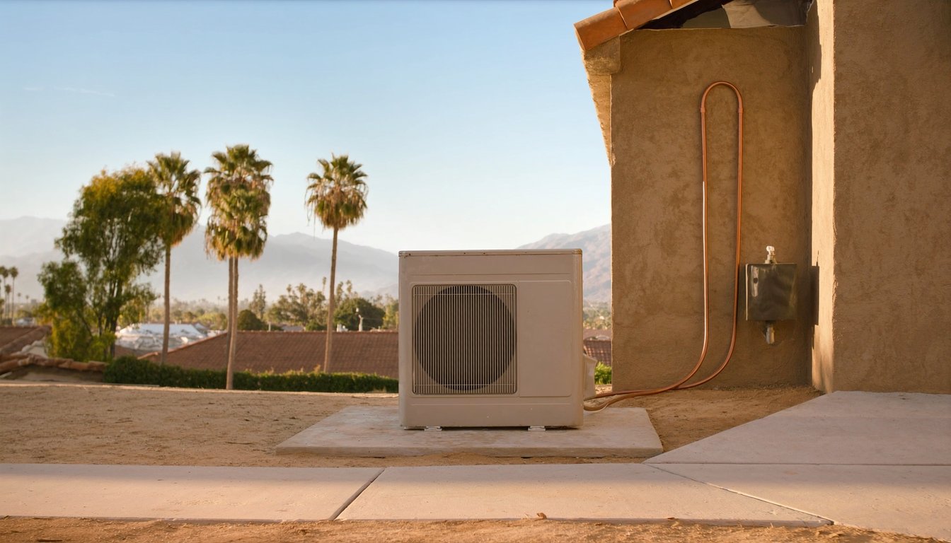 Newly installed outdoor AC condenser on a concrete pad next to a residential home in Rialto, California with fresh copper refrigerant line, palm trees, and mountains backdrop