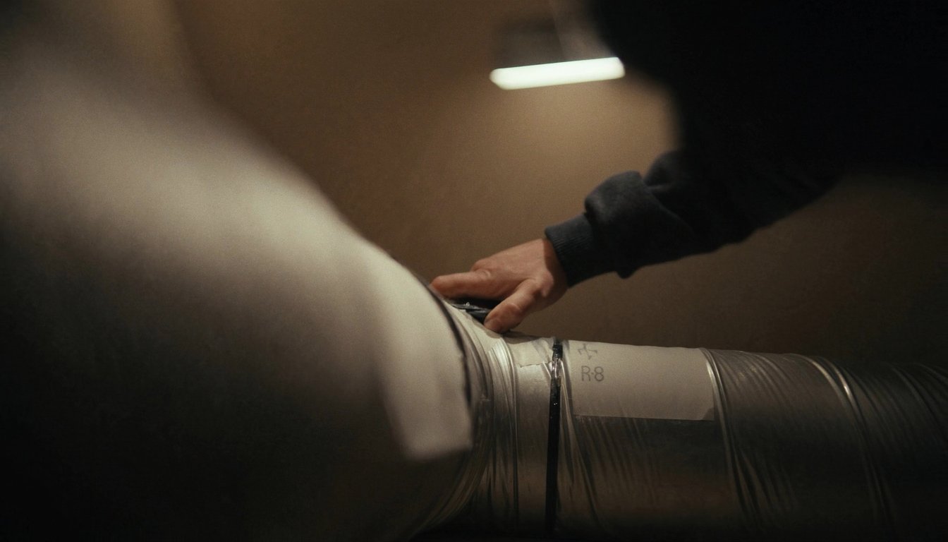 Insulated flexible HVAC ductwork in a Rialto, California residential attic with a gloved technician hand applying mastic at a connection and R-8 silver insulation visible