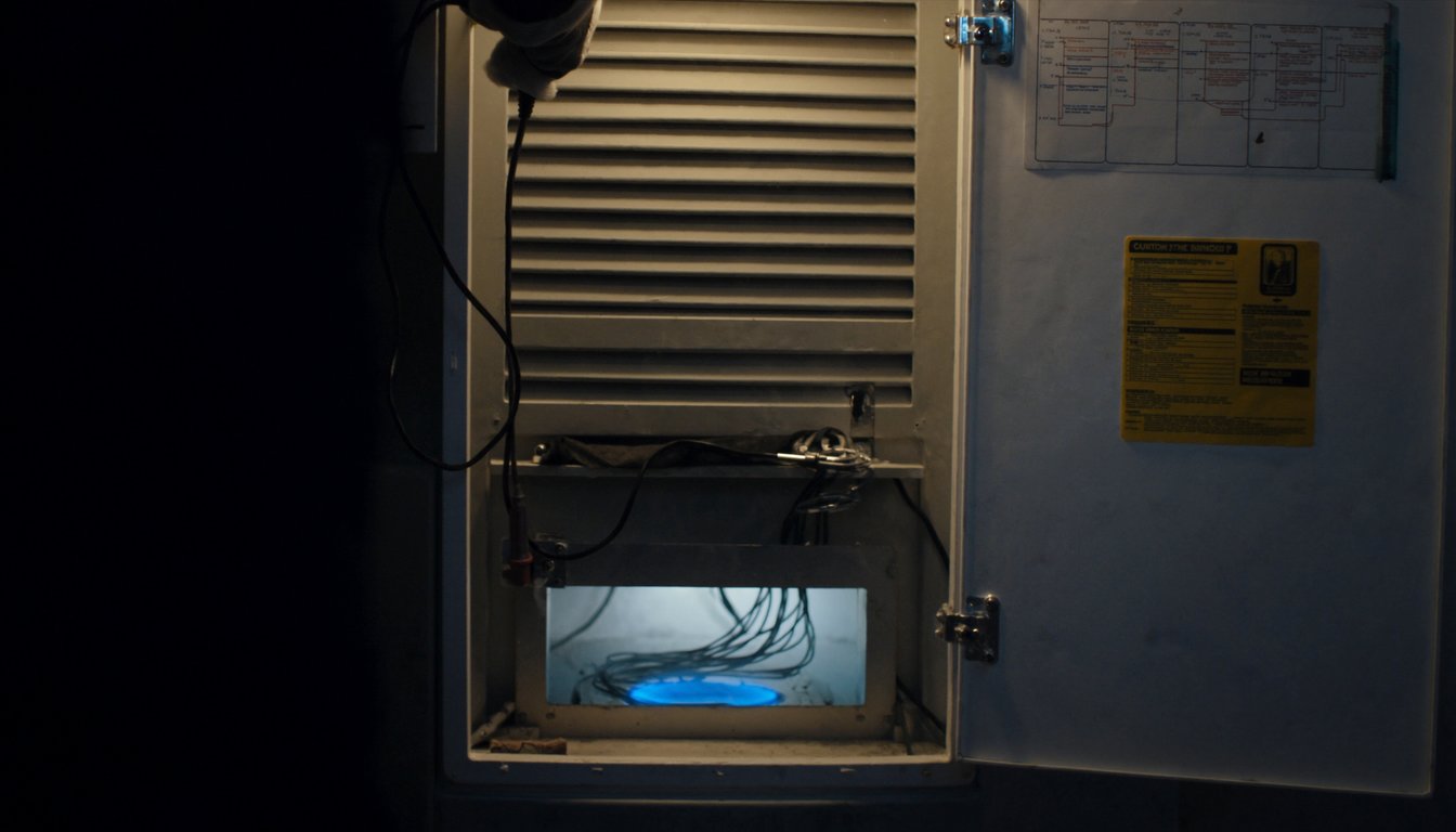 Open gas furnace cabinet showing blue burner flame in a Rialto, California home utility closet with a gloved technician hand holding multimeter probes