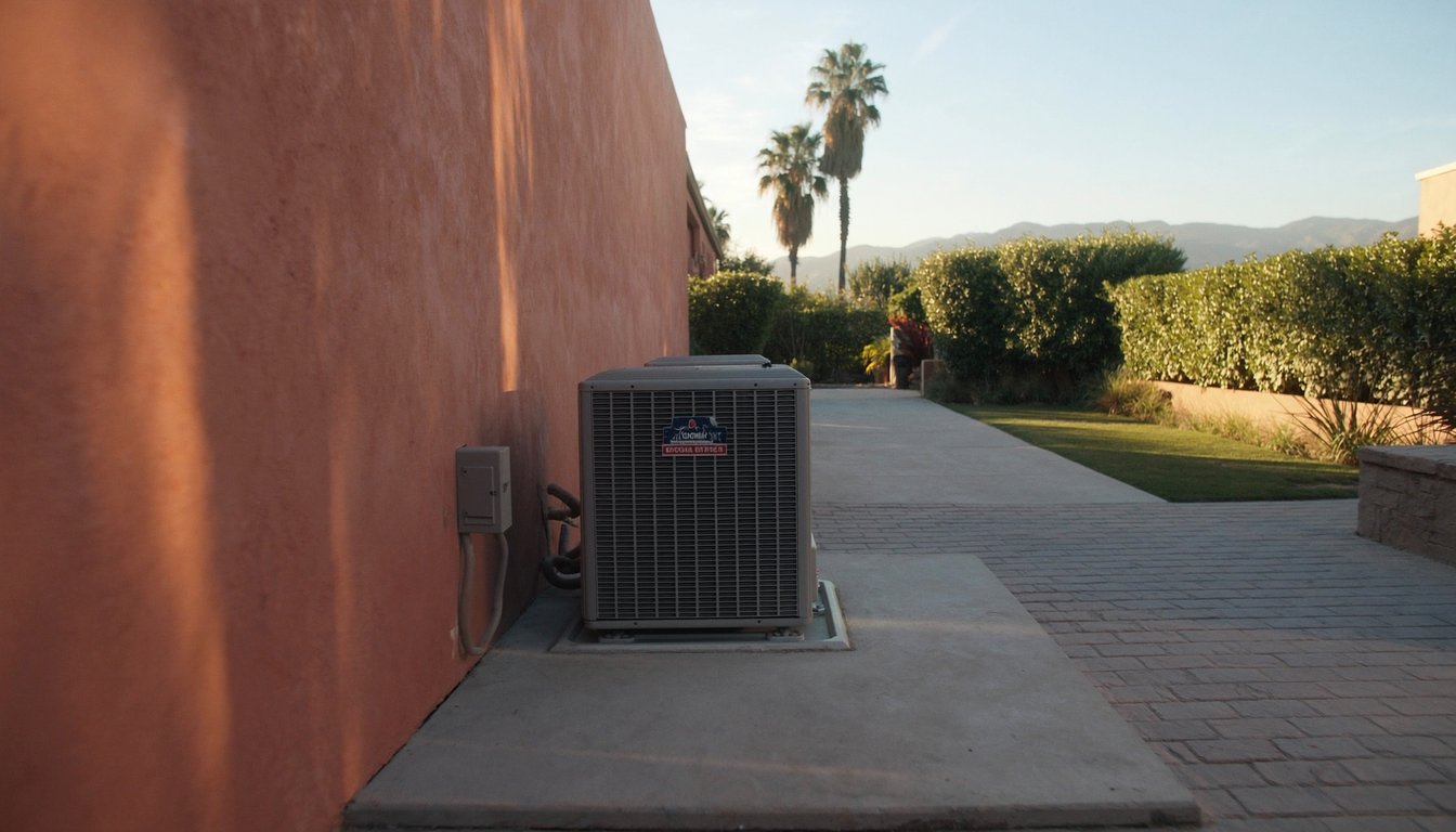 Outdoor variable-speed heat pump unit on a concrete pad next to a residential home in Rialto, California with palm trees and northern San Bernardino mountains backdrop