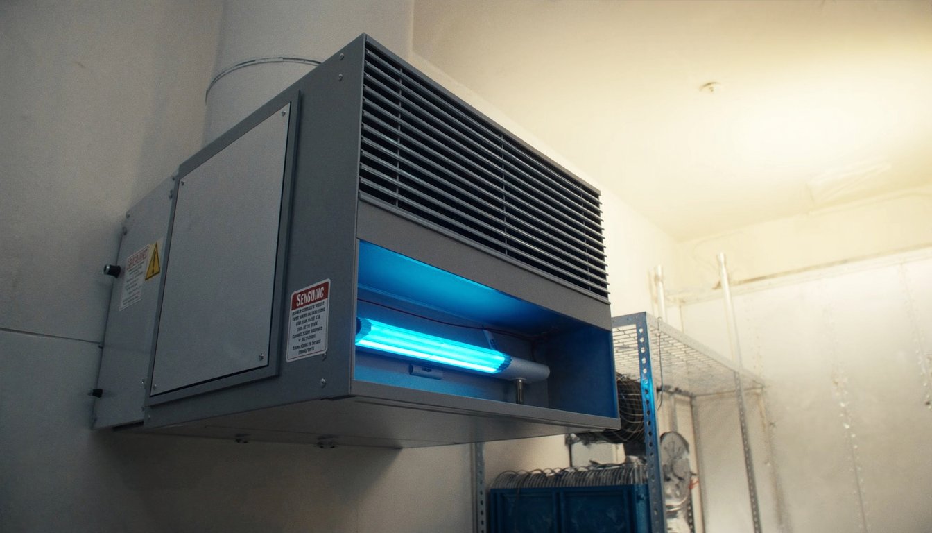 4-inch MERV 13 media filter cabinet attached to HVAC return ductwork with UV-C lamp in a modern Rialto, California utility room