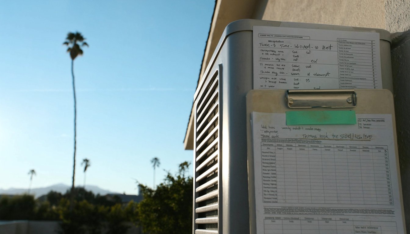 HVAC service clipboard with tune-up checklist resting on an outdoor AC condenser at a Rialto, California home with palm trees and northern San Bernardino mountains backdrop