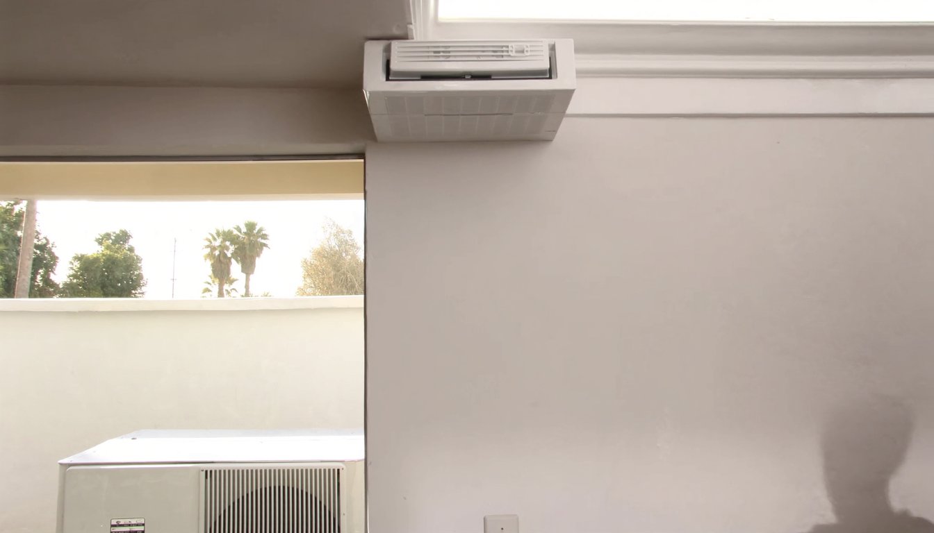 Wall-mounted ductless mini-split indoor head unit in a modern Rialto, California home interior with outdoor compact compressor visible through the window and palm trees beyond