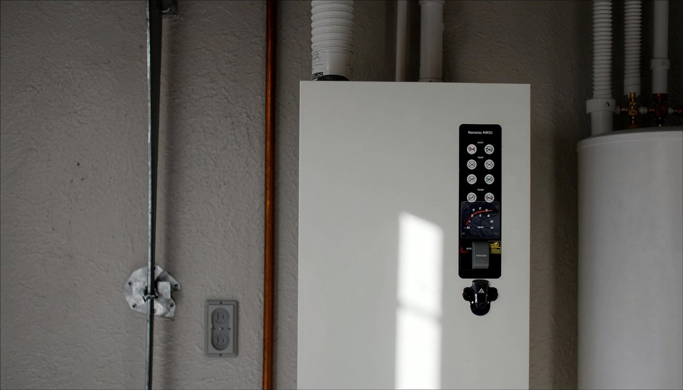 Wall-mounted gas tankless water heater next to a traditional tank water heater in a Rialto, California residential garage with copper gas line and PVC venting visible