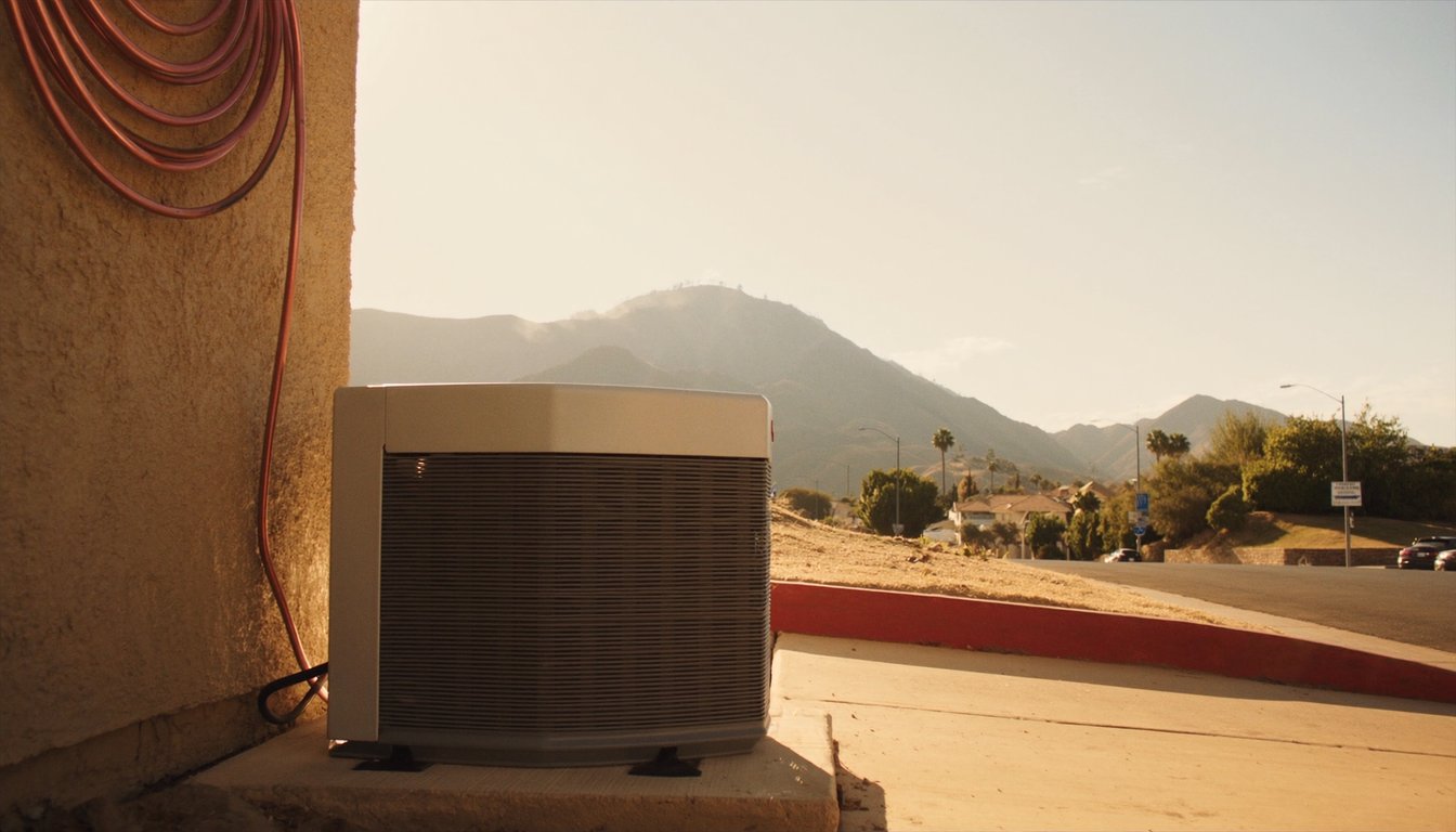 Newly installed outdoor AC condenser on a concrete pad next to a residential home in Riverside, California with fresh copper refrigerant line, palm trees, and Box Springs Mountains backdrop