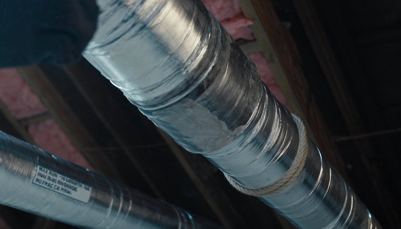Insulated flexible HVAC ductwork in a Riverside, California residential attic with a gloved technician hand applying mastic at a connection and R-8 silver insulation visible
