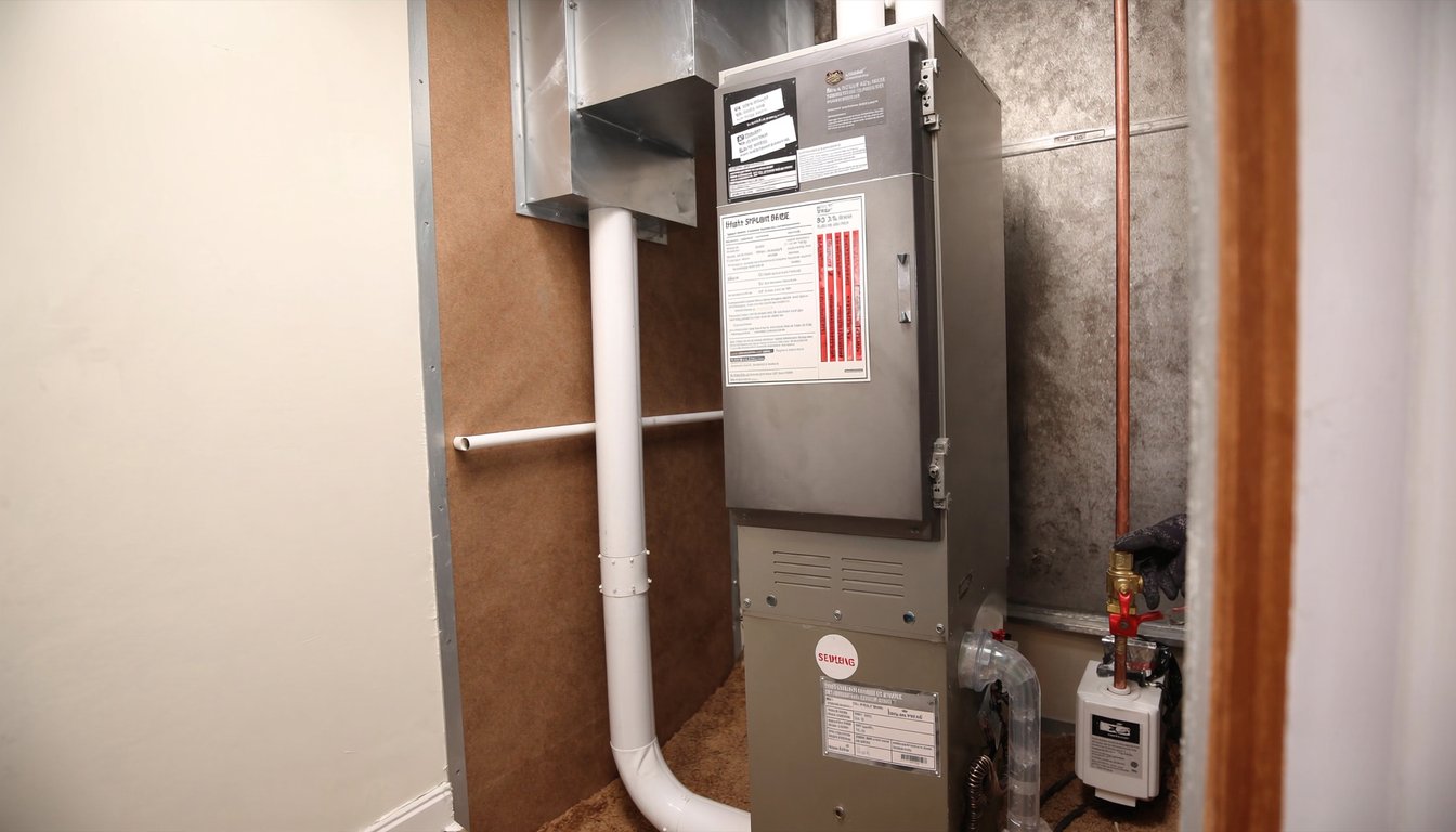 Newly installed 95 percent AFUE high-efficiency gas furnace inside a Riverside, California home utility closet with white PVC venting and gloved technician hand at the service valve