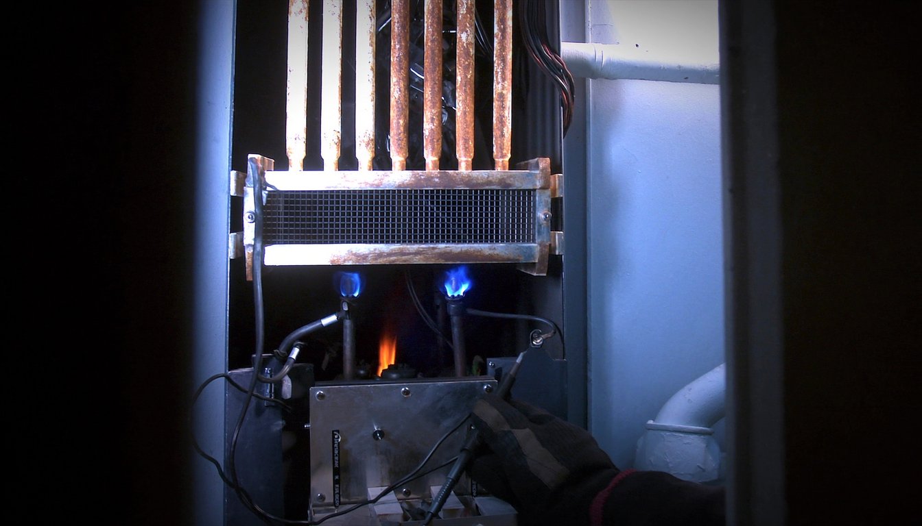 Open gas furnace cabinet showing blue burner flame in a Riverside, California home utility closet with a gloved technician hand holding multimeter probes