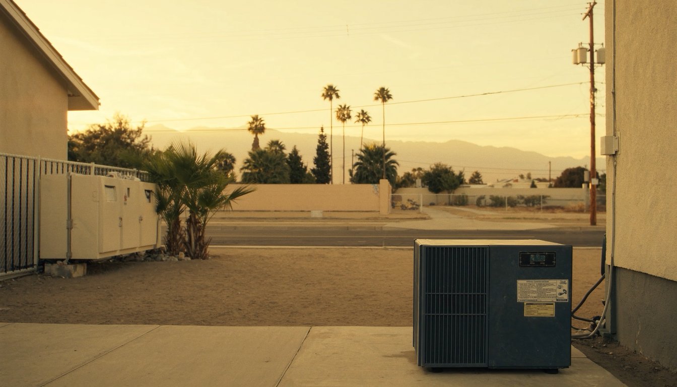 Outdoor variable-speed heat pump unit on a concrete pad next to a residential home in Riverside, California with palm trees and Box Springs Mountains backdrop