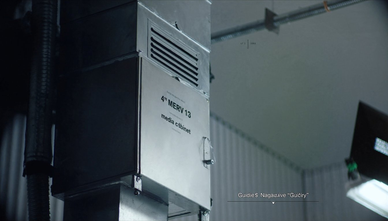 4-inch MERV 13 media filter cabinet attached to HVAC return ductwork with UV-C lamp in a modern Riverside, California utility room