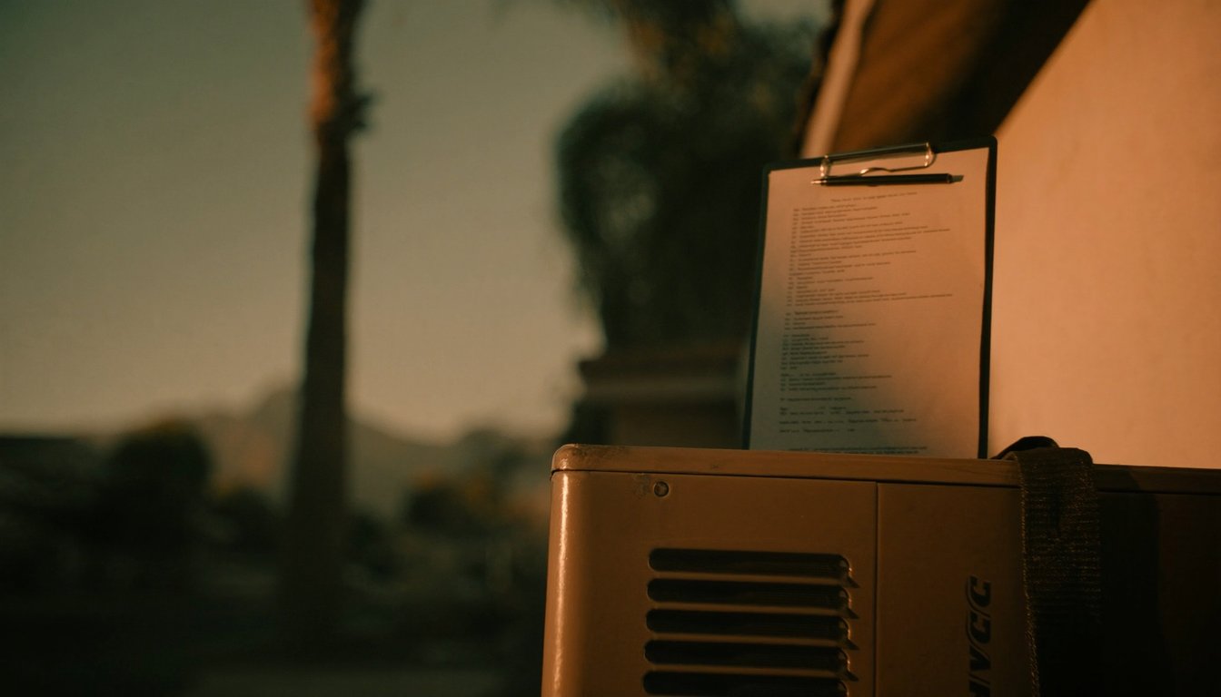 HVAC service clipboard with tune-up checklist resting on an outdoor AC condenser at a Riverside, California home with palm trees and Box Springs Mountains backdrop