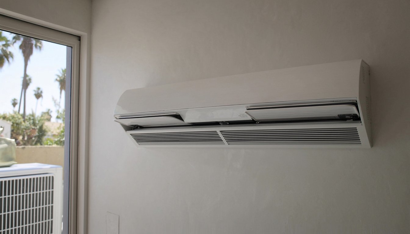 Wall-mounted ductless mini-split indoor head unit in a modern Riverside, California home interior with outdoor compact compressor visible through the window and palm trees beyond