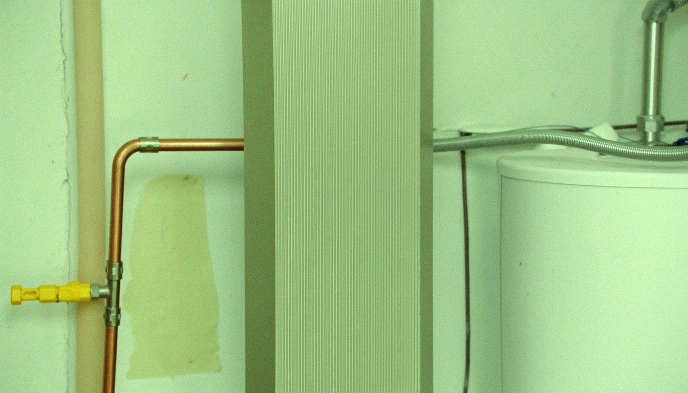 Wall-mounted gas tankless water heater next to a traditional tank water heater in a Riverside, California residential garage with copper gas line and PVC venting visible