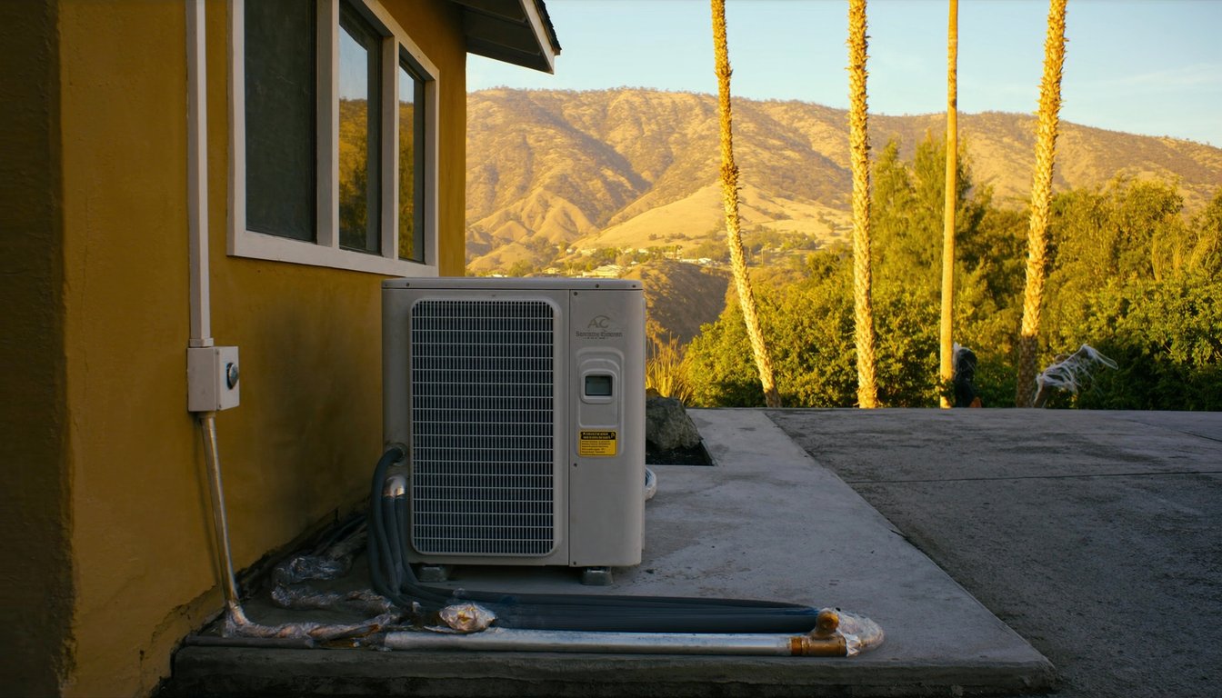 Newly installed outdoor AC condenser on a concrete pad next to a residential home in San Bernardino, California with fresh copper refrigerant line, palm trees, and San Bernardino Mountains backdrop