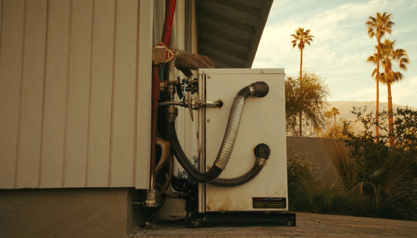 Outdoor AC condenser at the side of a mid-century residential home in San Bernardino, California with palm trees and San Bernardino Mountains backdrop, gloved JC Energy Solutions technician hand on the service valve