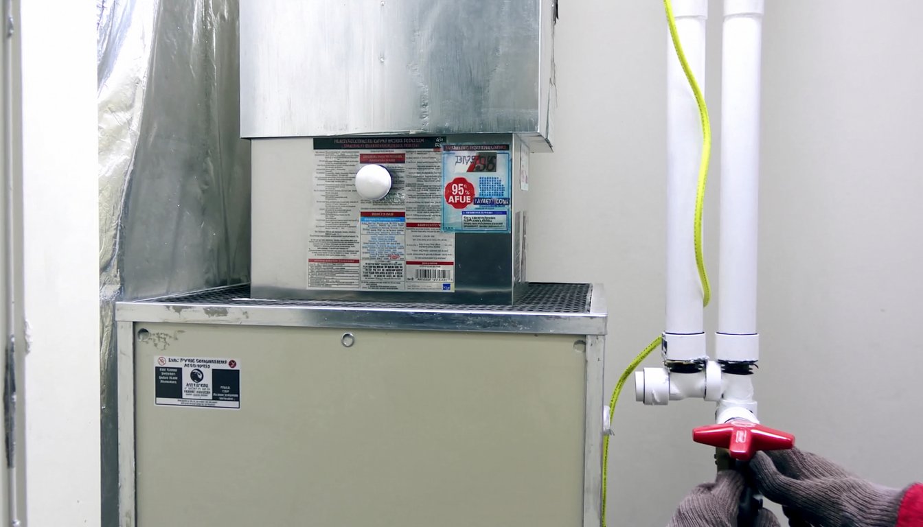 Newly installed 95 percent AFUE high-efficiency gas furnace inside a San Bernardino, California home utility closet with white PVC venting and gloved technician hand at the service valve