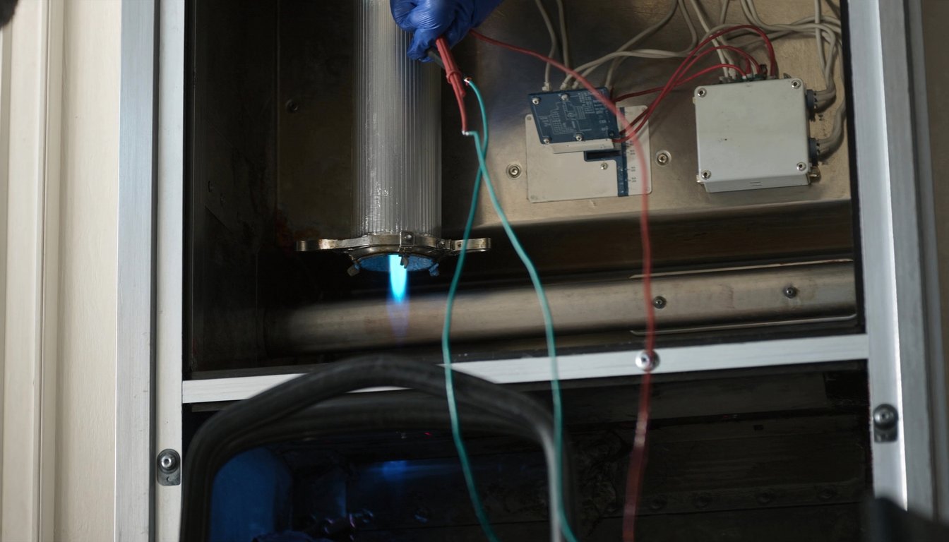 Open gas furnace cabinet showing blue burner flame in a San Bernardino, California home utility closet with a gloved technician hand holding multimeter probes