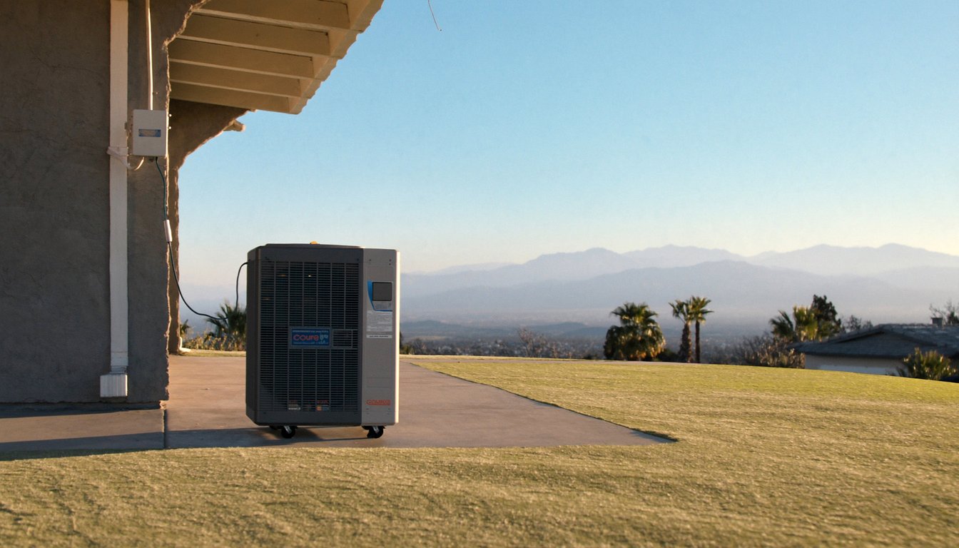 Outdoor variable-speed heat pump unit on a concrete pad next to a residential home in San Bernardino, California with palm trees and San Bernardino Mountains backdrop