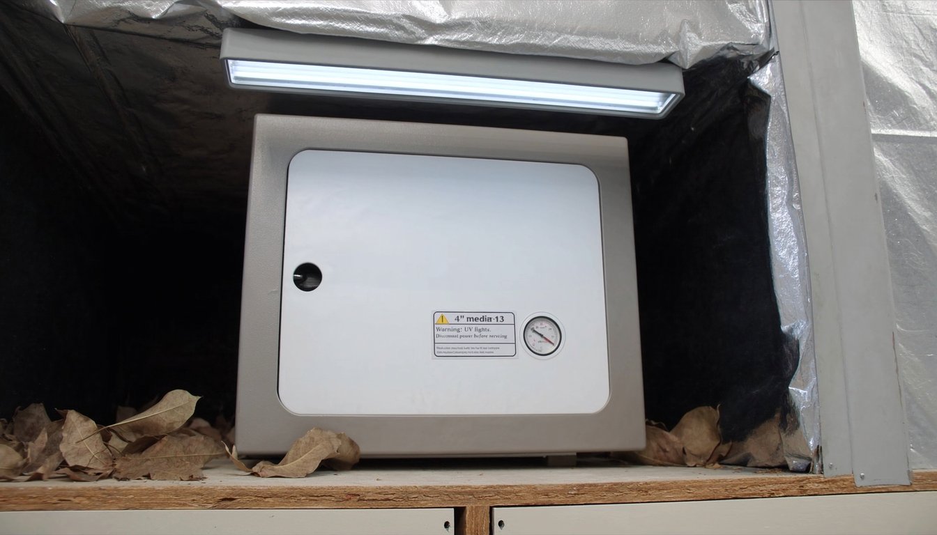 4-inch MERV 13 media filter cabinet attached to HVAC return ductwork with UV-C lamp in a San Bernardino, California utility room