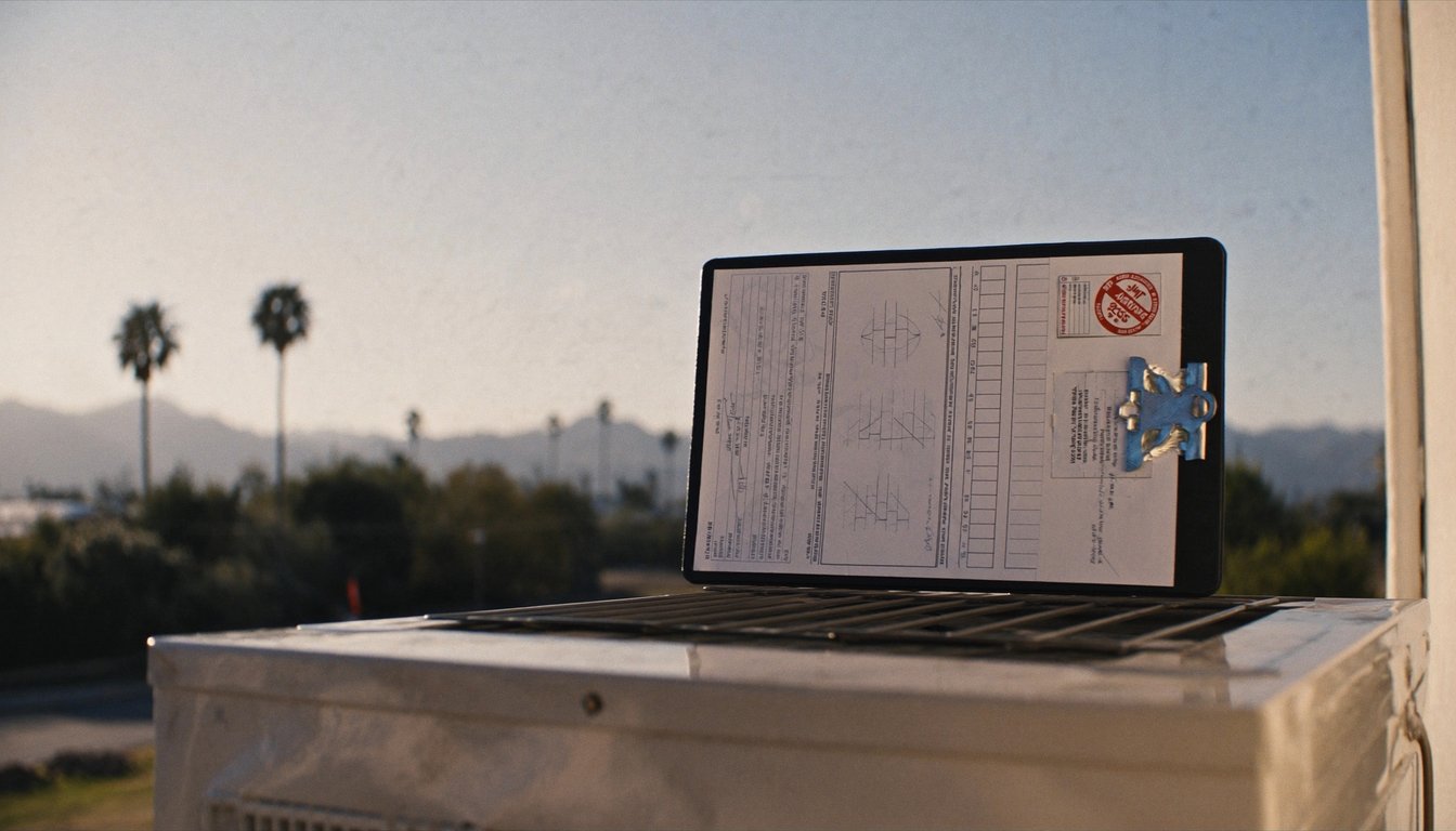 HVAC service clipboard with tune-up checklist resting on an outdoor AC condenser at a San Bernardino, California home with palm trees and San Bernardino Mountains backdrop