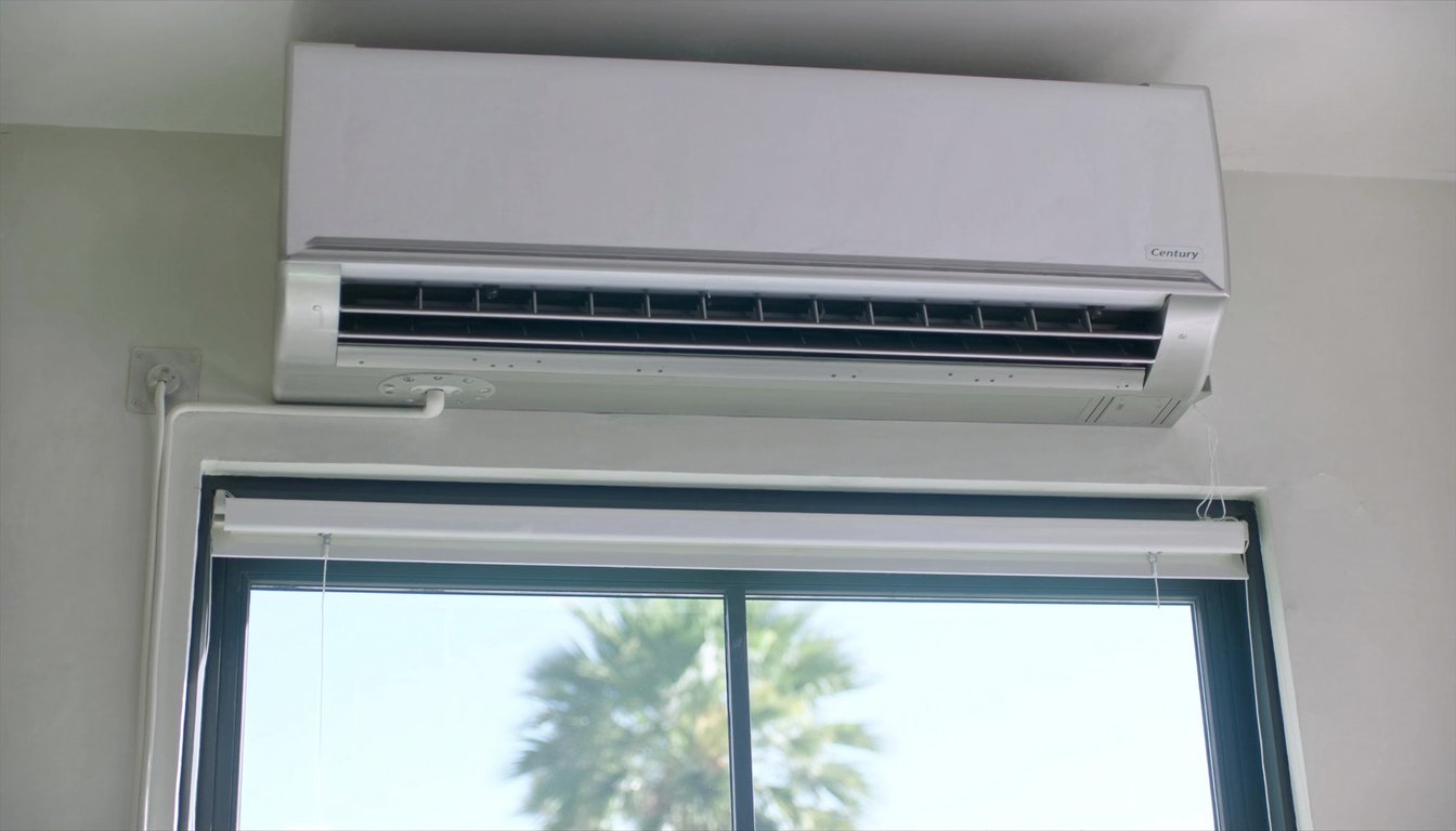 Wall-mounted ductless mini-split indoor head unit in a modern San Bernardino, California home interior with outdoor compact compressor visible through the window and palm trees beyond