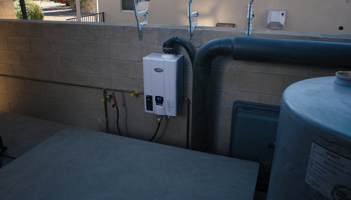Wall-mounted gas tankless water heater next to a traditional tank water heater in a San Bernardino, California residential garage with copper gas line and PVC venting visible