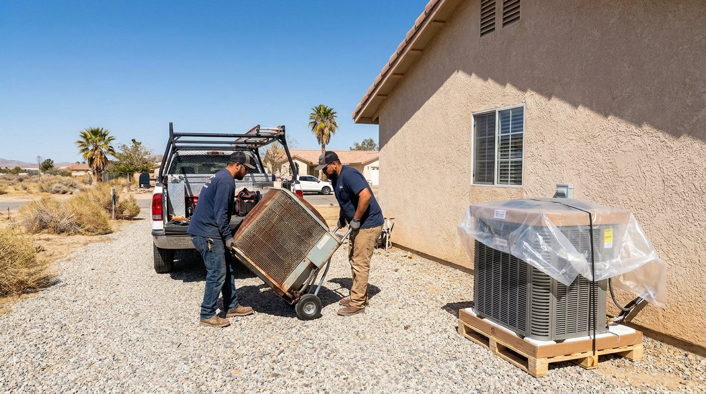 New high-efficiency AC condenser unit installed at a High Desert home