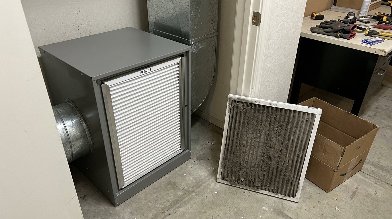 High-efficiency residential air filter installed in a media cabinet