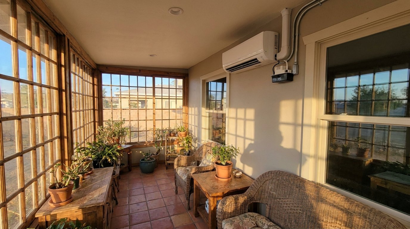 Wall-mount ductless mini-split indoor head unit installed in a modern living room