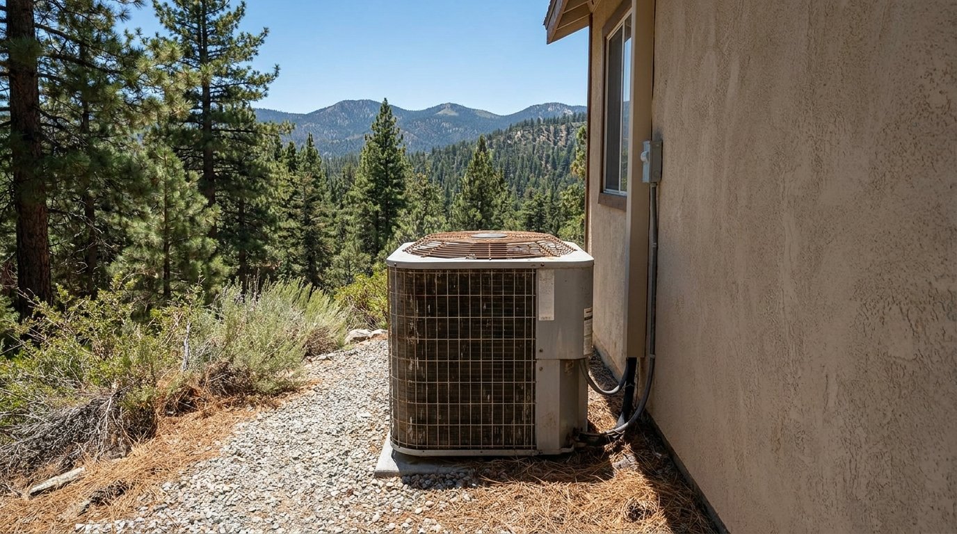 JC Energy Solutions technician diagnosing an AC condenser at a Hesperia home