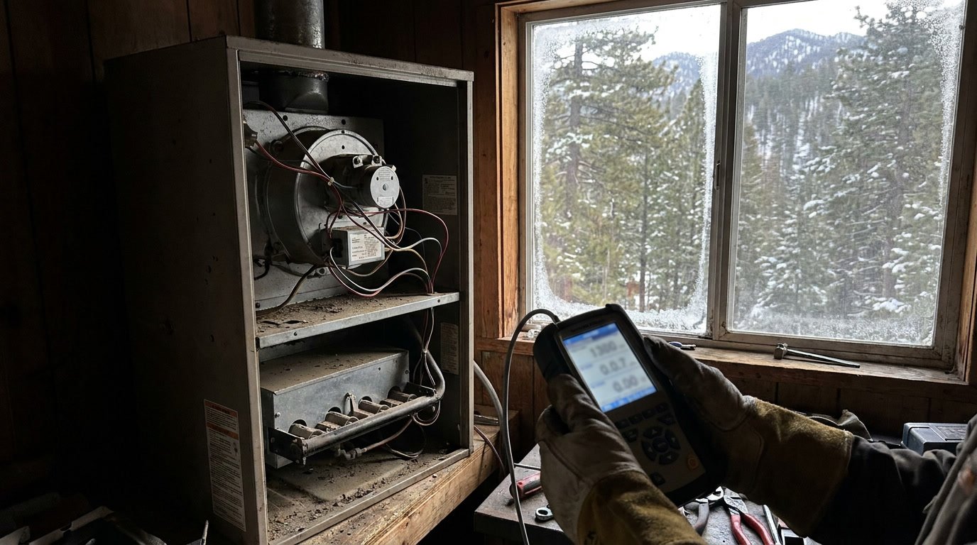 JC Energy Solutions technician inspecting a residential gas furnace gas valve