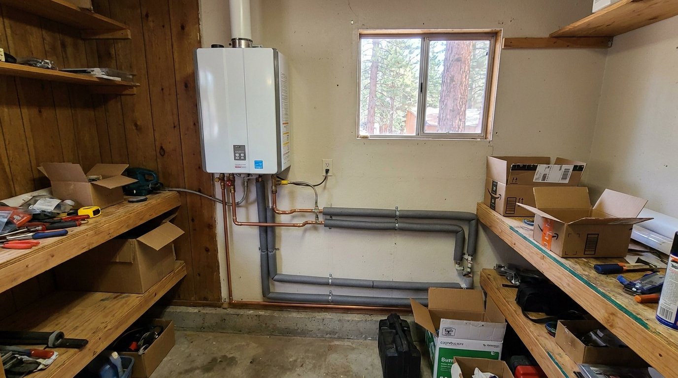 Tankless gas water heater professionally installed on a garage wall