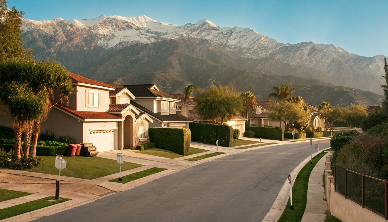 Residential neighborhood in Fontana, California with the San Gabriel Mountains in the background
