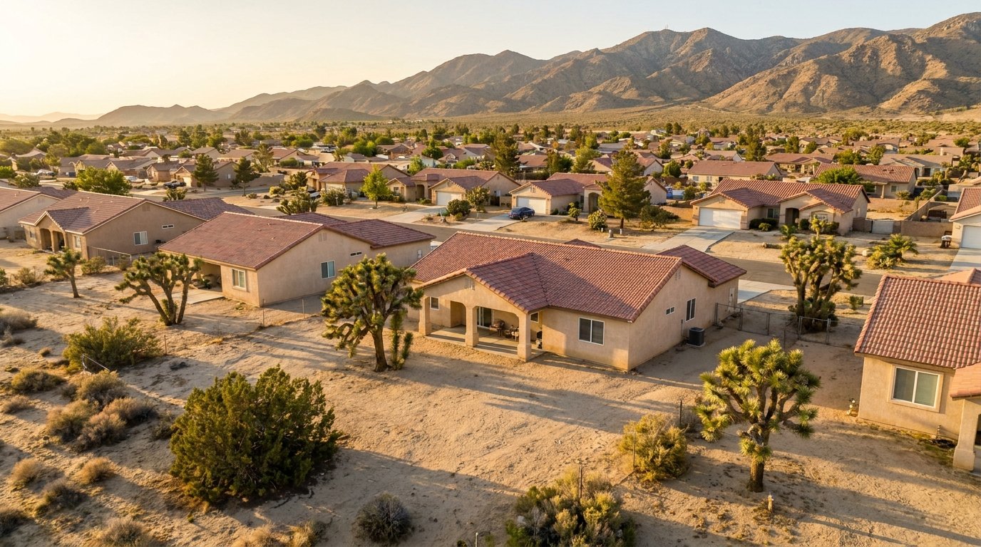 Residential neighborhood in Hesperia, California with Joshua trees and San Bernardino mountains