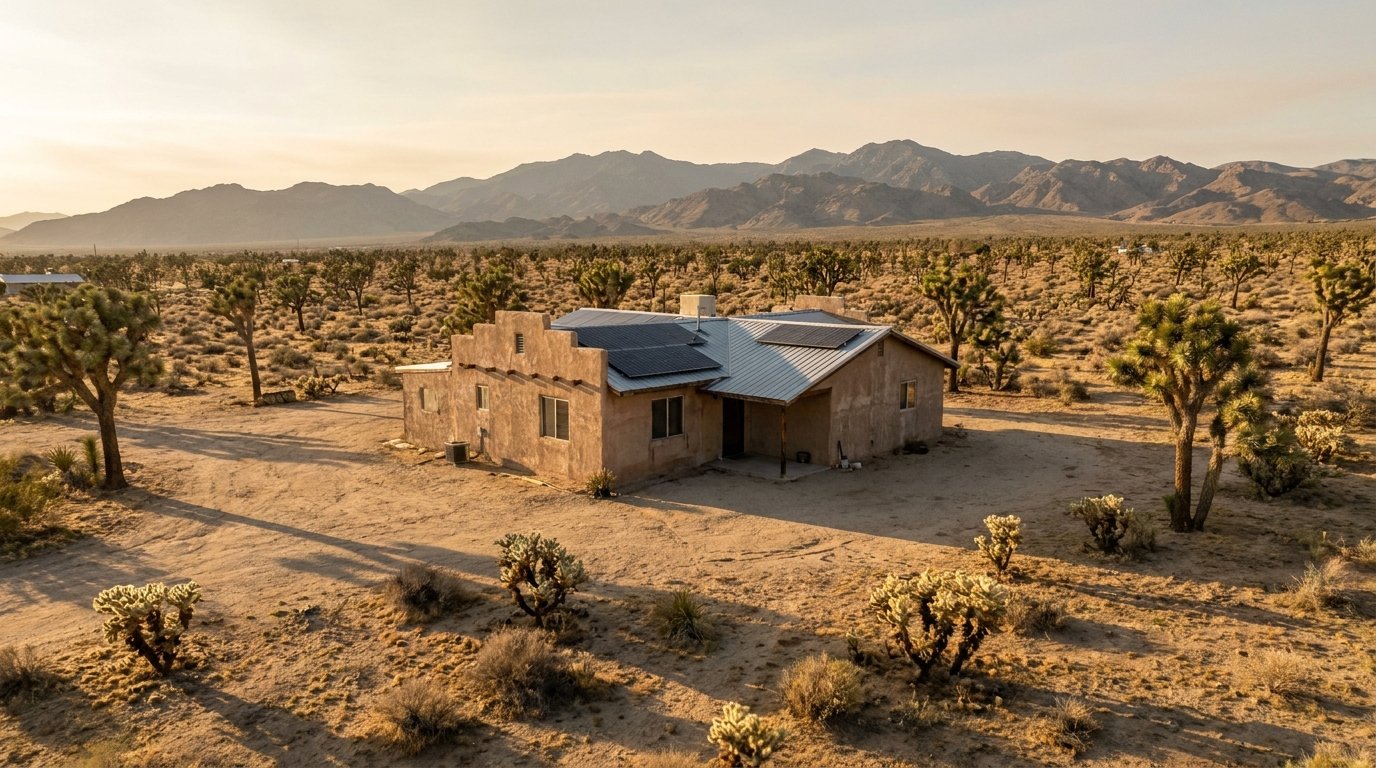 Remote Lucerne Valley California desert home with vast open lot and distant mountains