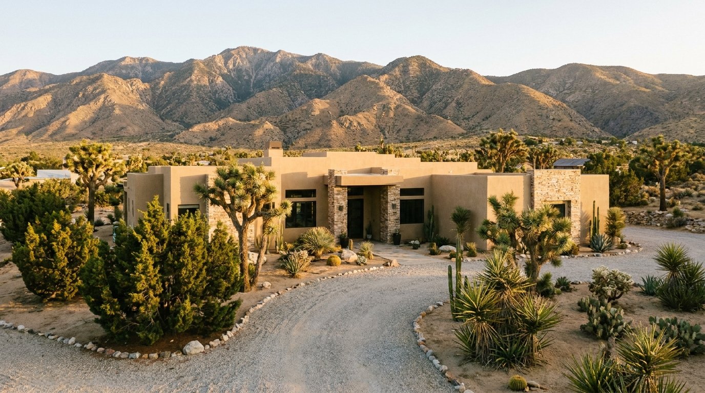 Custom desert home in Oak Hills, California with Joshua trees and San Bernardino mountains