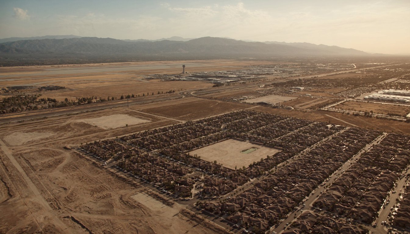 Aerial view of Ontario, California with Ontario International Airport and surrounding residential neighborhoods