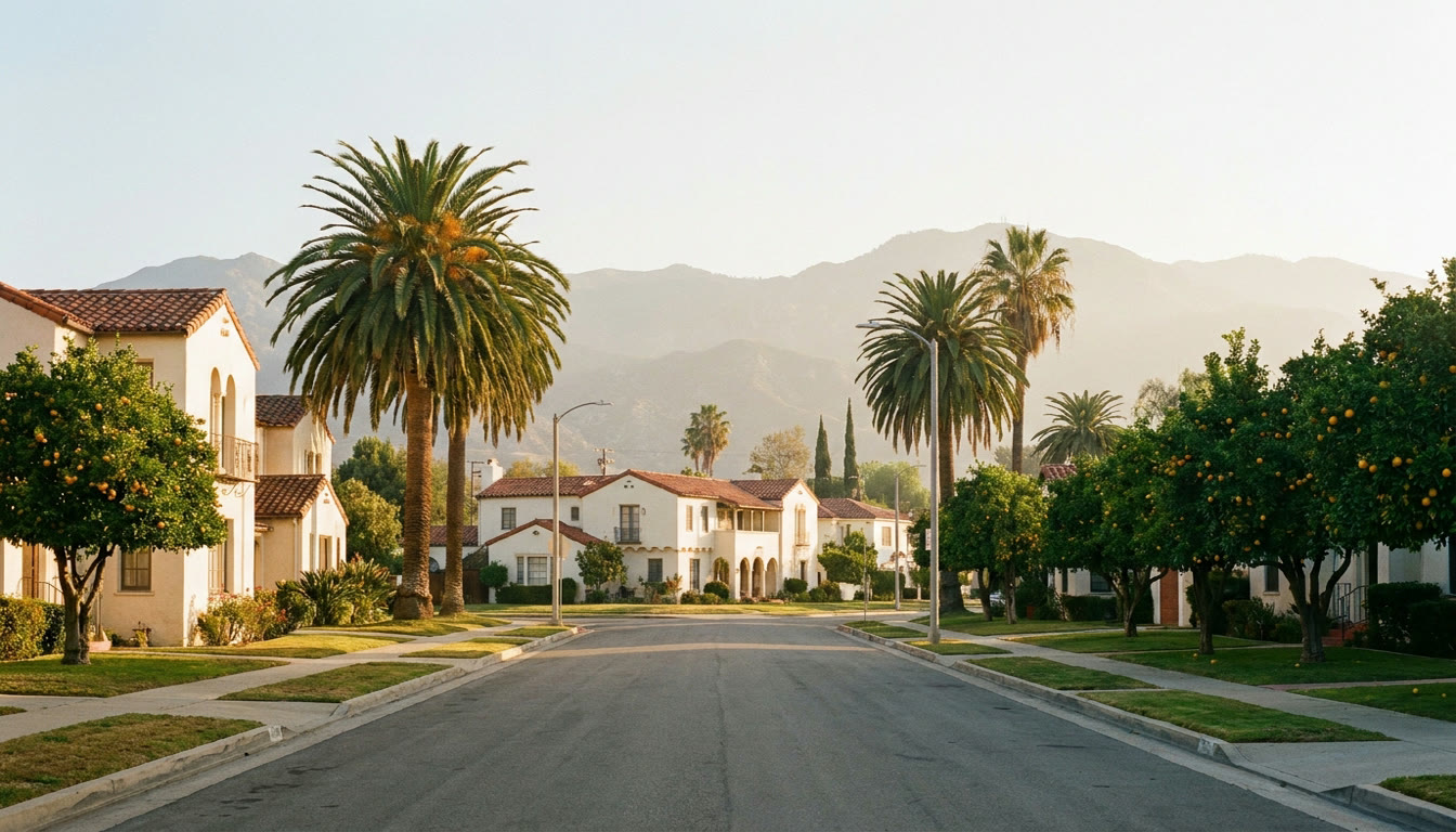 Spanish revival residential street in Riverside, California with palms, citrus trees, and the San Bernardino Mountains in the distance