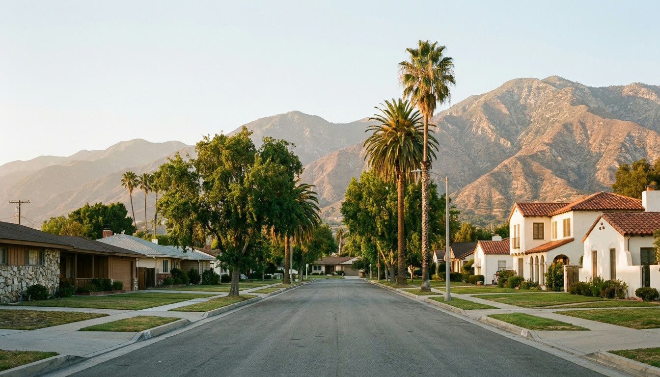 Mid-century residential street in San Bernardino, California with the San Bernardino Mountains rising in the background