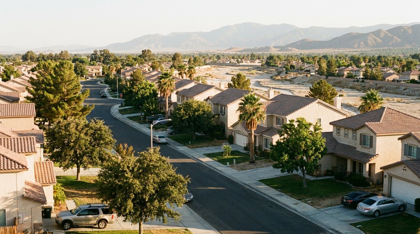Victorville California suburban neighborhood with mid-2000s tract homes and San Bernardino mountains