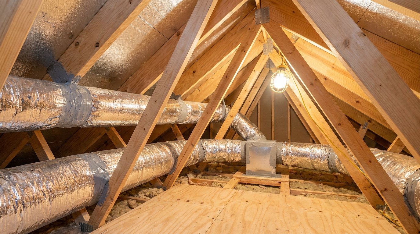 New sealed flexible HVAC ductwork installed in a residential attic