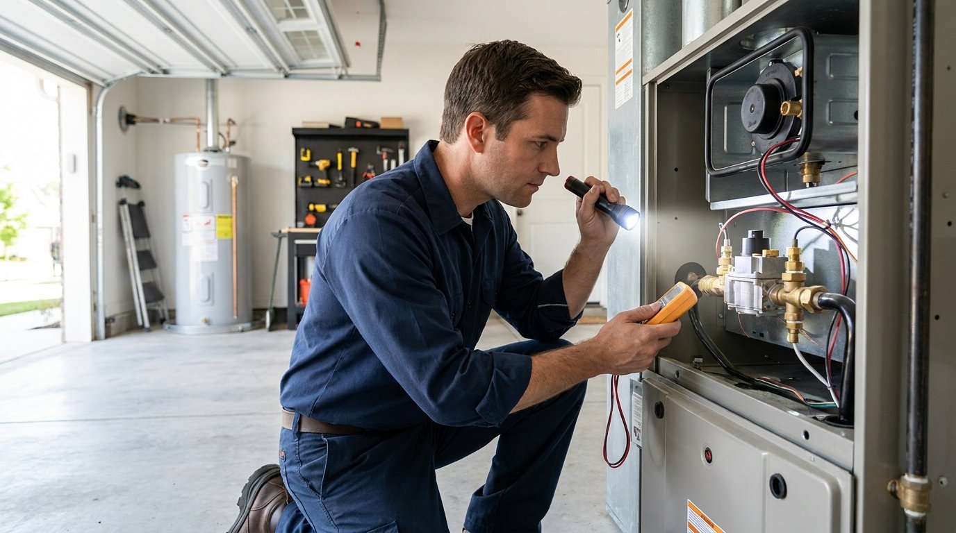 JC Energy Solutions technician inspecting a residential gas furnace gas valve