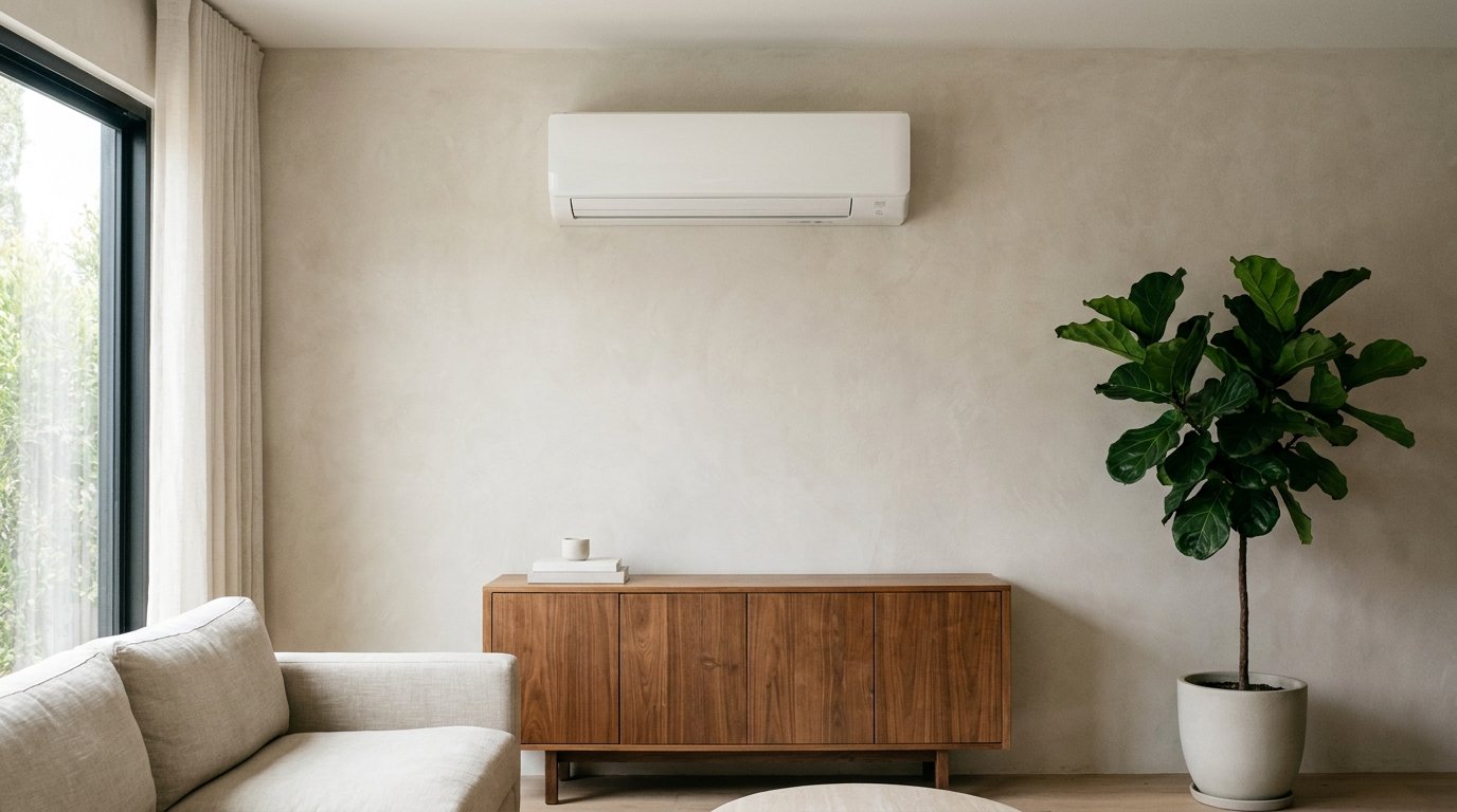 Wall-mount ductless mini-split indoor head unit installed in a modern living room