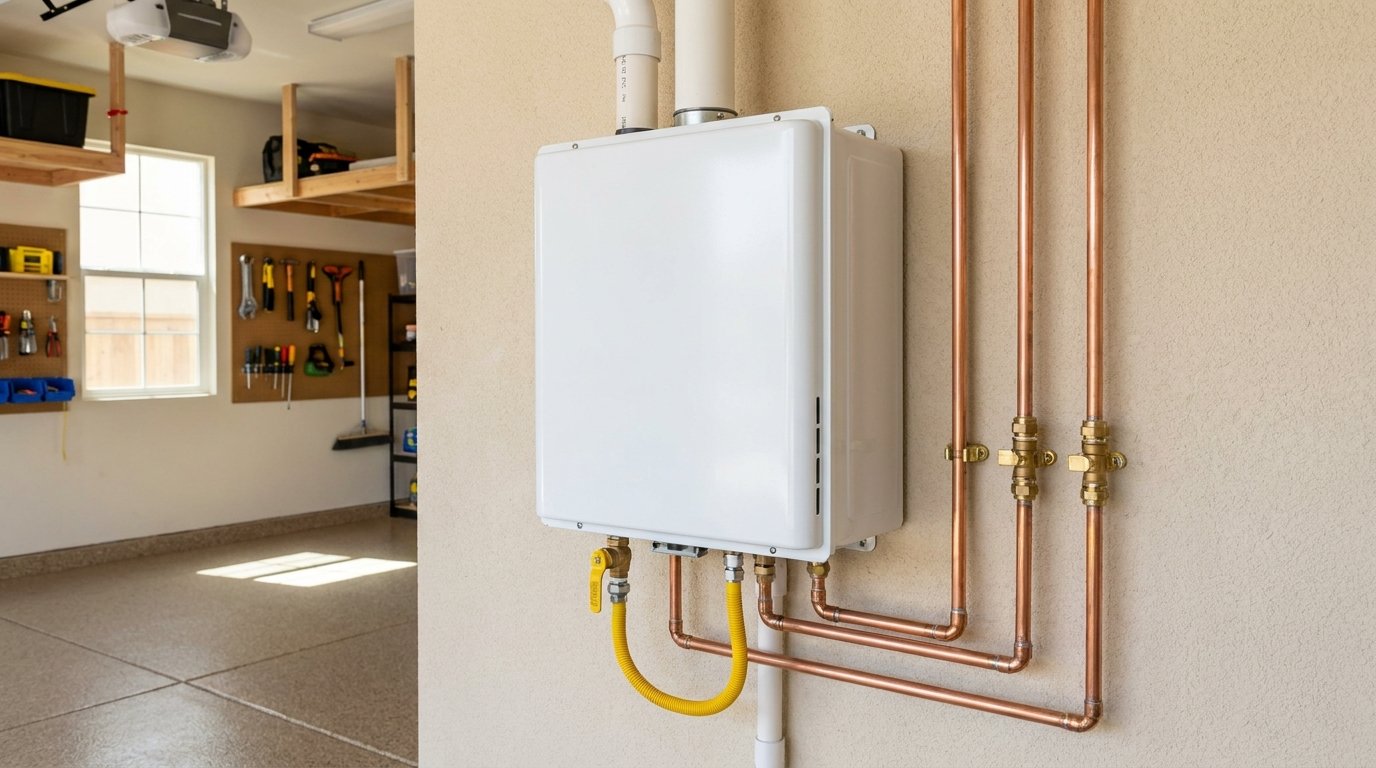 Tankless gas water heater professionally installed on a garage wall